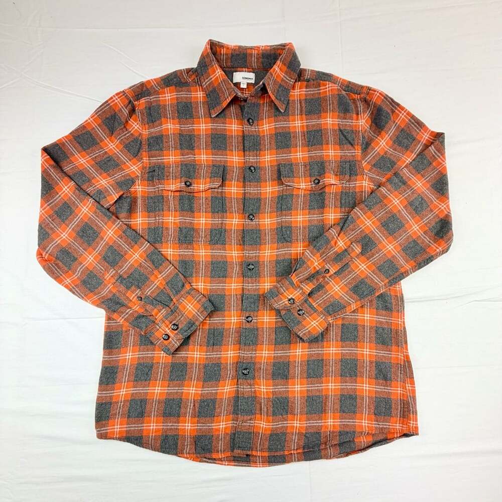 Sonoma Goods For Life Plaid Flannel Shirt Orange Grey Size Large